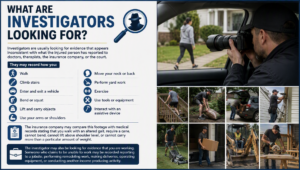 Infographic explaining what insurance investigators look for during workers’ compensation and personal injury surveillance, including walking, lifting, exercising, using tools, working, and other physical activities that may be compared to reported medical restrictions.