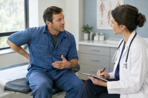 Injured worker explaining workplace injury symptoms and limitations to a doctor